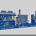Blue Themed Exhibition Booths With Product Displays And Brand Logos Design