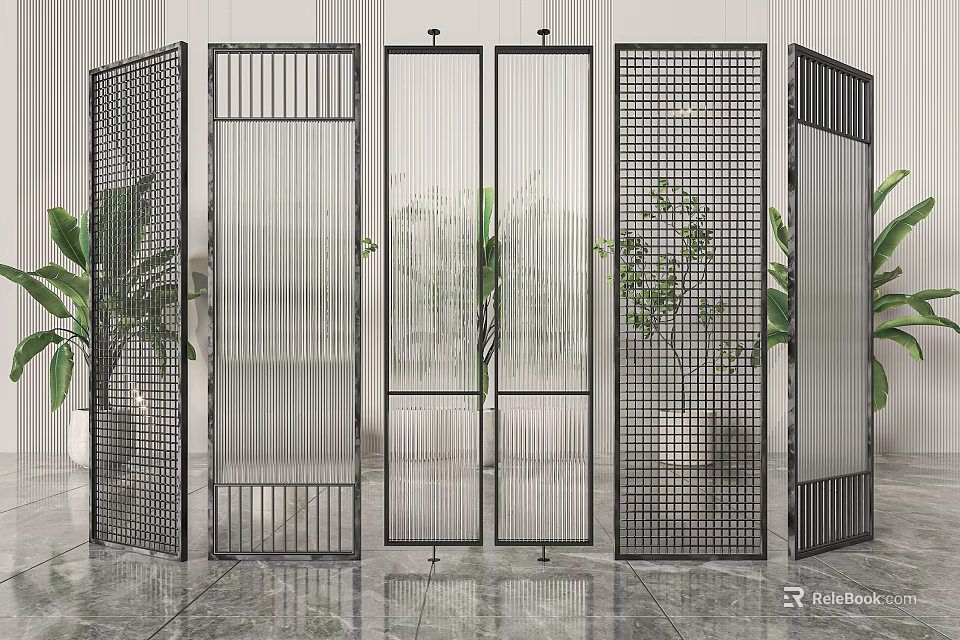 Modern Metal Room Dividers With Diverse Grid And Striped Patterns In Interior Space 3d model 