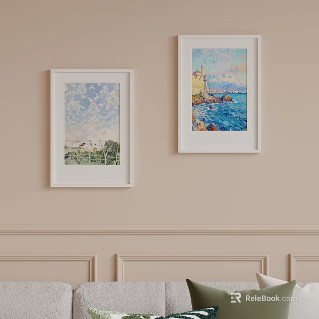 Two White Picture Frames With Landscape Paintings On Beige Wall 3d model