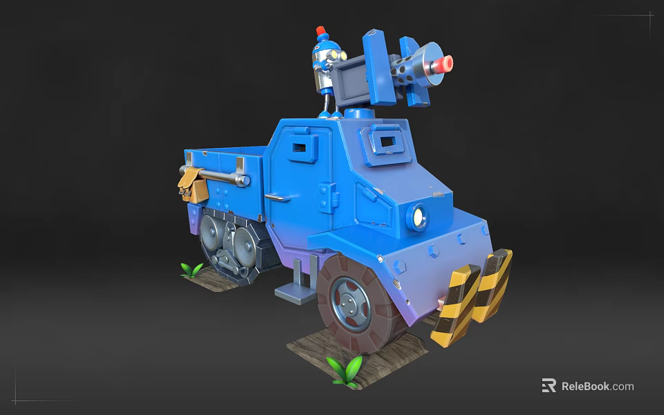 Blue Cartoon Truck With Mechanical Turret Yellow Tools Tracked Wheels And Green Plants 3d model 