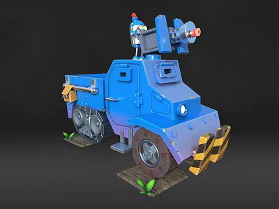 Blue Cartoon Truck With Mechanical Turret Yellow Tools Tracked Wheels And Green Plants 3d model