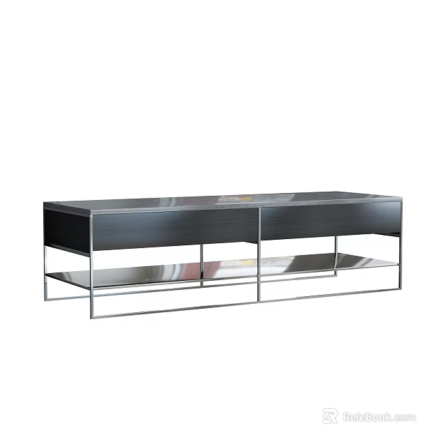 Modern Black TV Stand With Metal Frame And Storage Shelves 3d model 