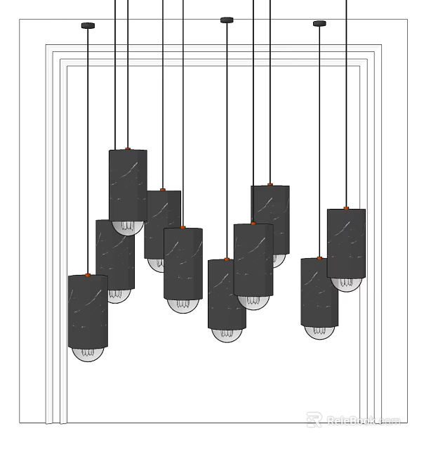 Modern Black Square Pendant Lights Hanging In Contemporary Interior Design 3d model