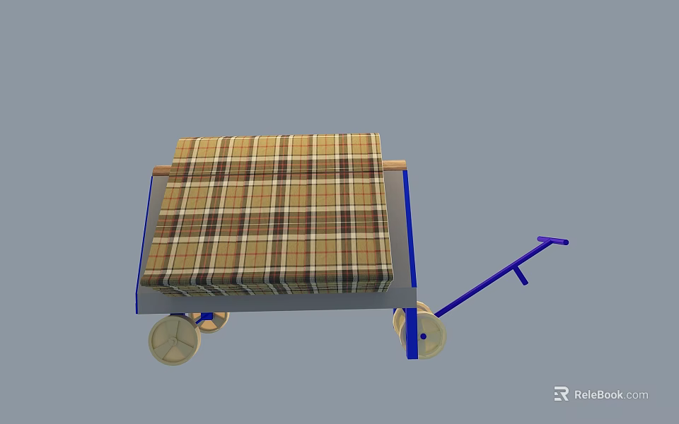 Industrial Equipment Cart with Plaid Fabric Top Blue Frame Wheels and Handle Design 3d model 