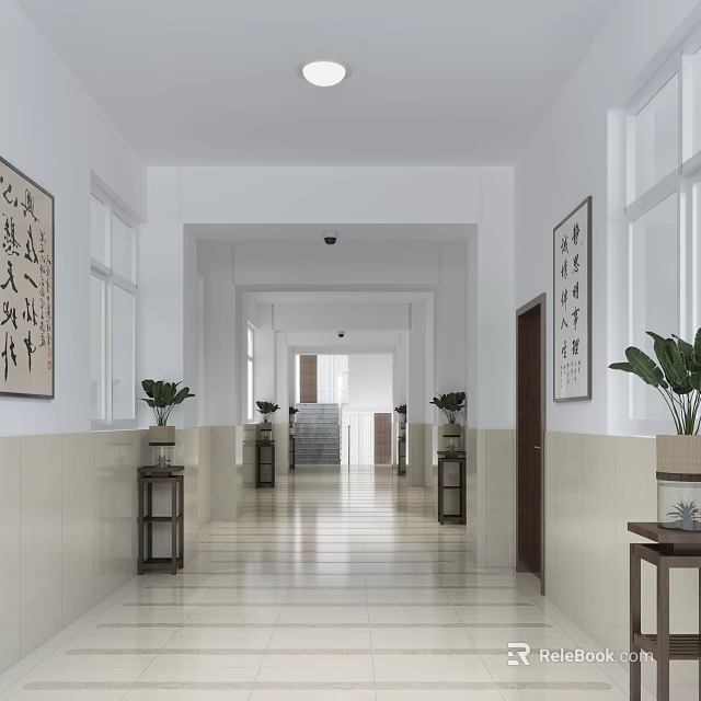 Bright Spacious Elevator Hallway With Chinese Calligraphy Art On Walls Potted Plants And Tile Flooring 3d model 