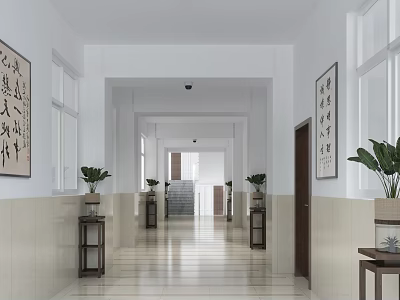 Bright Spacious Elevator Hallway With Chinese Calligraphy Art On Walls Potted Plants And Tile Flooring 3d model