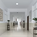 Bright Spacious Elevator Hallway With Chinese Calligraphy Art On Walls Potted Plants And Tile Flooring