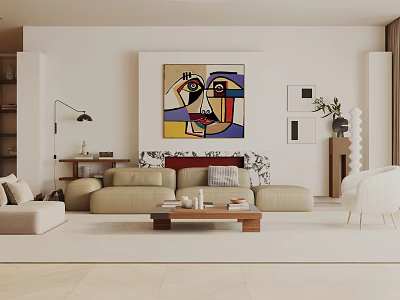 Modern Living Room Interior Design With Beige Sofa Abstract Art Coffee Table And Floor Lamp 3d model
