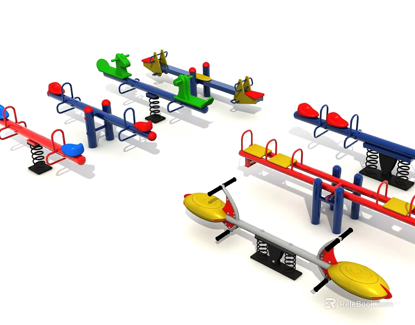 Various Colorful Children's Playground Equipment With Seesaws And Spring Riders 3d model 