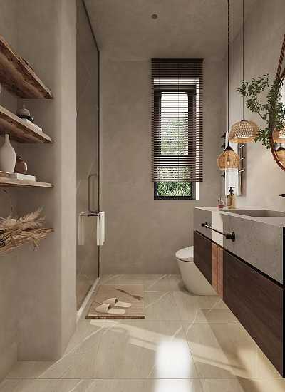 Natural Modern Bathroom Interior With Rattan Pendant Lights Wooden Shelves Cement Gray Walls And Marble Vanity 3d model