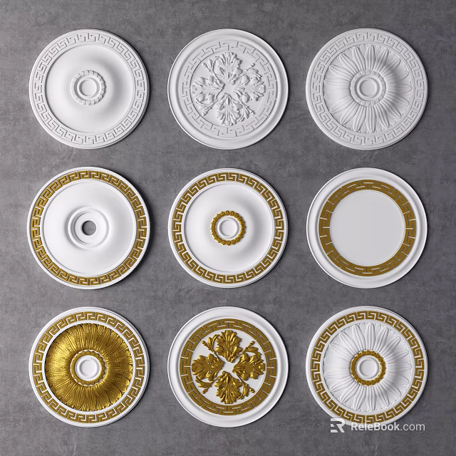 Decorative Ceiling Medallions with Various White and Gold Ornate Patterns 3d model