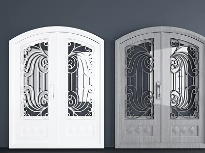 Double Doors Featuring Intricate Patterns And Glass Panels In White And Gray 3d model