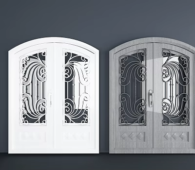 Double Doors Featuring Intricate Patterns And Glass Panels In White And Gray 3d model