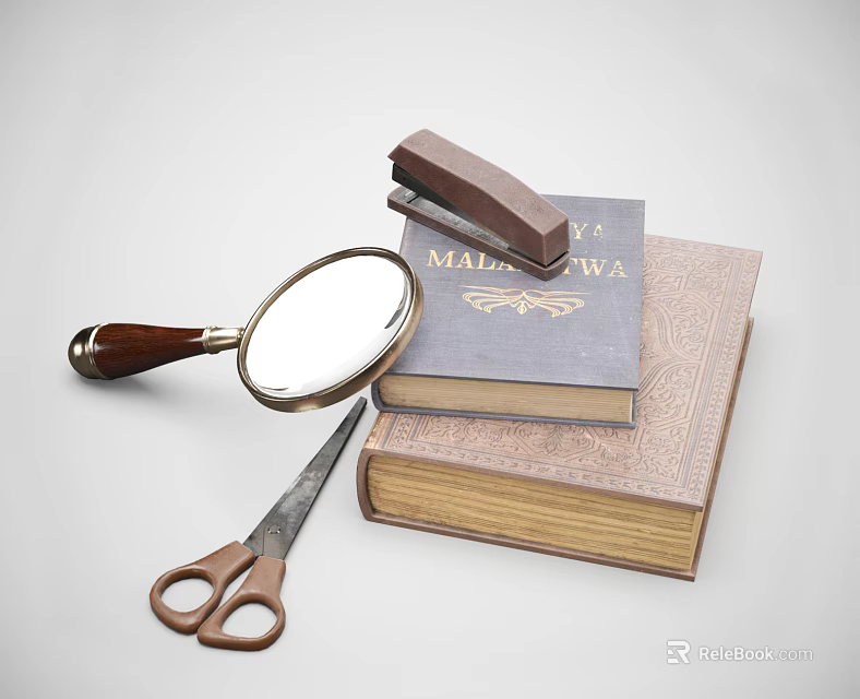 Stacked Vintage Books With Magnifying Glass Scissors And Stapler On White Surface 3d model 