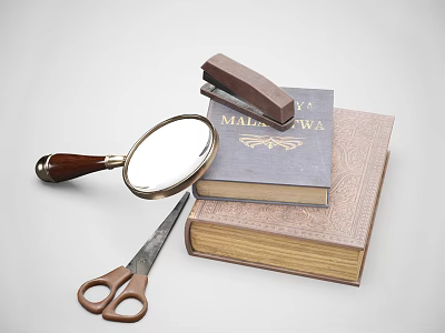 Stacked Vintage Books With Magnifying Glass Scissors And Stapler On White Surface 3d model