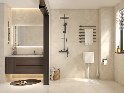 Modern Bathroom Interior Design With Beige Tiles Dark Vanity Mirror Shower Head And Toilet 3d model