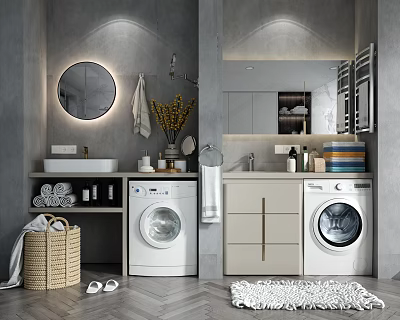 Modern Bathroom Washbasin With Round Mirror Washing Machine And Cabinets 3d model