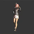 Pink Haired Girl With Rabbit Ears Hat Walking In Black Coat And White Skirt
