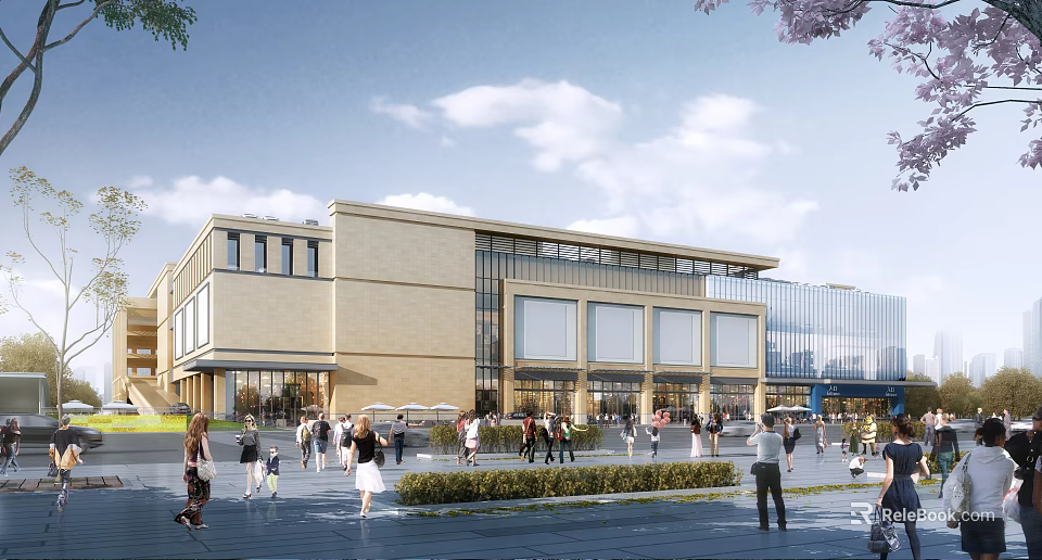 Modern Commercial Complex With Glass Facade Landscaped Plaza And Busy Pedestrian Area 3d model 