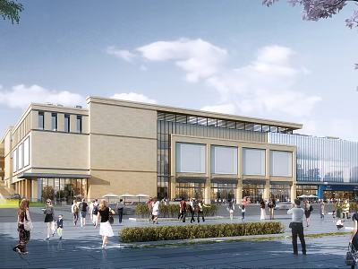 Modern Commercial Complex With Glass Facade Landscaped Plaza And Busy Pedestrian Area 3d model
