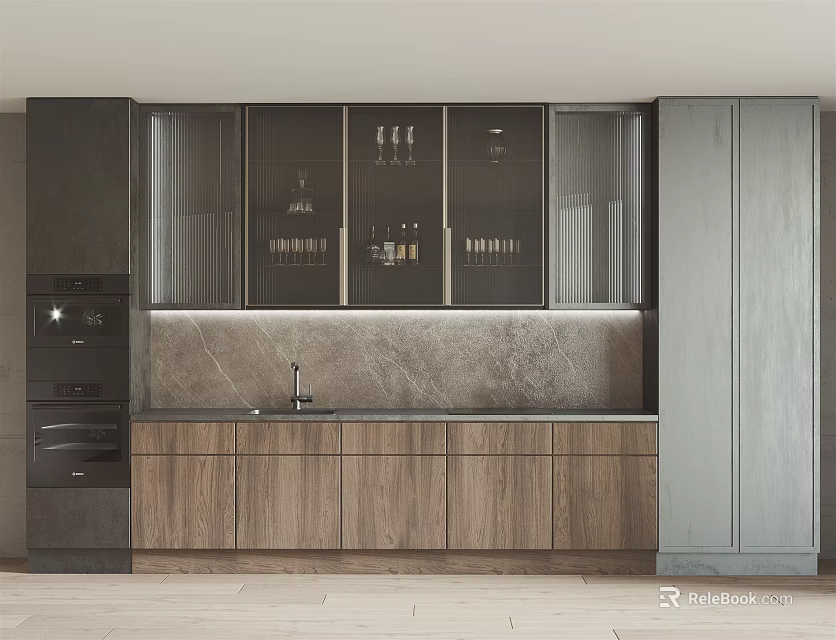 Elegant Modern Kitchen Interior With Wooden Cabinets Glass Door Upper Units And Stone Countertop 3d model 