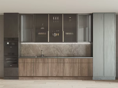 Elegant Modern Kitchen Interior With Wooden Cabinets Glass Door Upper Units And Stone Countertop 3d model
