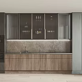 Elegant Modern Kitchen Interior With Wooden Cabinets Glass Door Upper Units And Stone Countertop