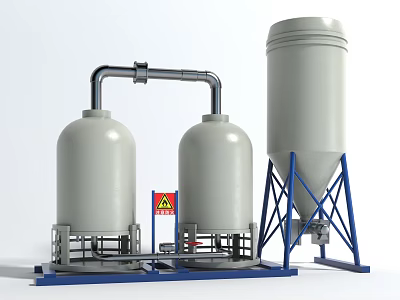 Industrial Equipment Setup With Storage Tanks Connected Pipes Blue Stands And Warning Sign 3d model