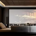 Modern Home Theater Interior With Beige Sofa Wooden Walls And Mountain Painting
