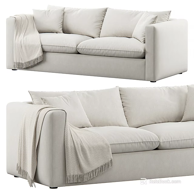 Cozy Light Colored Two Seater Sofa with Soft Pillows and Fringe Blanket 3d model 