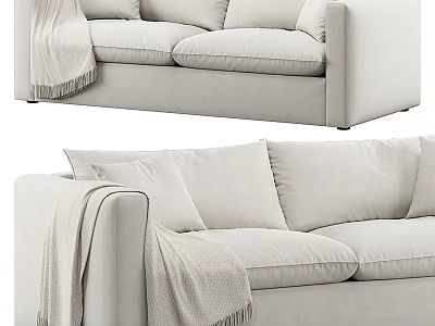 Cozy Light Colored Two Seater Sofa with Soft Pillows and Fringe Blanket 3d model