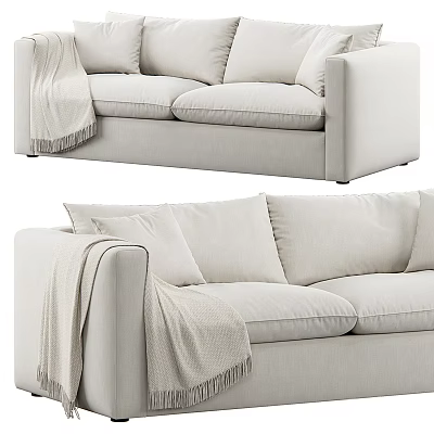 Cozy Light Colored Two Seater Sofa with Soft Pillows and Fringe Blanket 3d model
