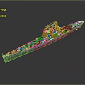 Detailed Blue Warship Model With Red White Deck Turrets And Mast Structure
