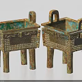 Ancient Chinese Bronze Square Ding Vessels With Intricate Patterns And Green Patina