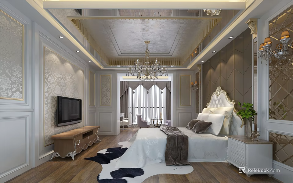 Elegant Luxury Hotel Guest Room With Chandelier King Bed TV And Wooden Floor 3d model 