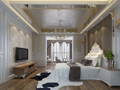 Elegant Luxury Hotel Guest Room With Chandelier King Bed TV And Wooden Floor 3d model