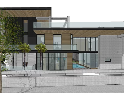 Modern Detached Villa With Glass Facade Wooden Exterior Balcony And Swimming Pool 3d model
