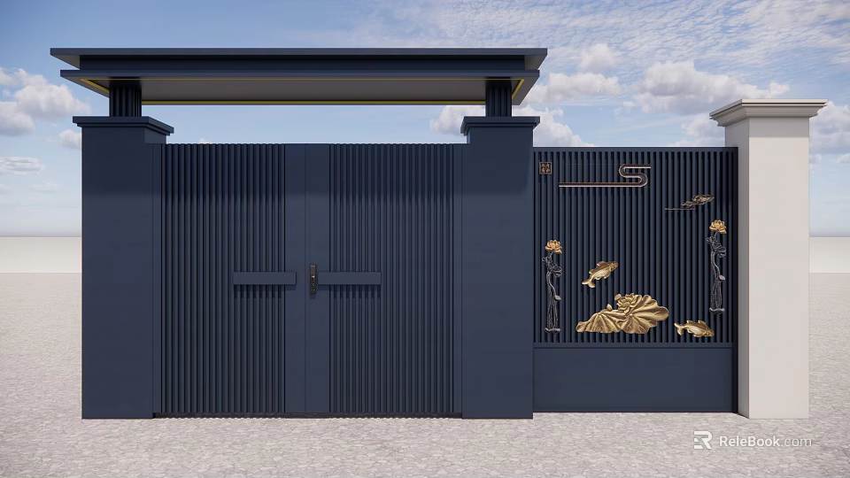 Dark Blue Entrance Gate With Golden Lotus Fish Patterns Side Pillars And Top Beam Design 3d model 