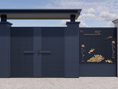 Dark Blue Entrance Gate With Golden Lotus Fish Patterns Side Pillars And Top Beam Design 3d model