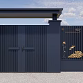 Dark Blue Entrance Gate With Golden Lotus Fish Patterns Side Pillars And Top Beam Design