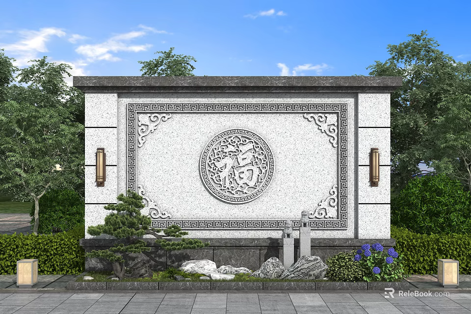 Traditional Chinese Garden Feature Wall With Fu Character Relief Ornate Patterns And Rockery Greenery 3d model 