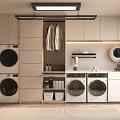 Modern Laundry Room With Multiple Washing Machines Dryer Storage Cabinets And Hanging Space