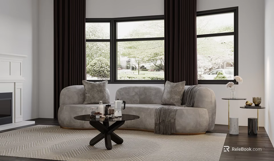 Gray Sectional Sofa in Living Room with Large Windows Dark Curtains Coffee Table and Greenery 3d model 