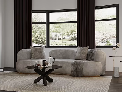 Gray Sectional Sofa in Living Room with Large Windows Dark Curtains Coffee Table and Greenery 3d model