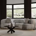 Gray Sectional Sofa in Living Room with Large Windows Dark Curtains Coffee Table and Greenery