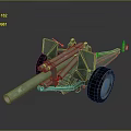 Green Military Artillery Gun With Wheeled Carriage And Long Cannon Barrel