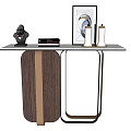 Stylish Wooden Console Table With Metal Frame Sculpture Framed Artwork And Books