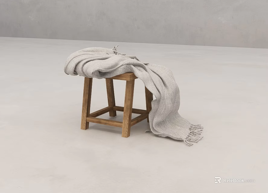 Minimalist Indoor Space With Wooden Stool And Draped Gray Blanket In Neutral Tones 3d model 