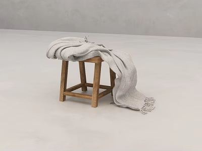Minimalist Indoor Space With Wooden Stool And Draped Gray Blanket In Neutral Tones 3d model