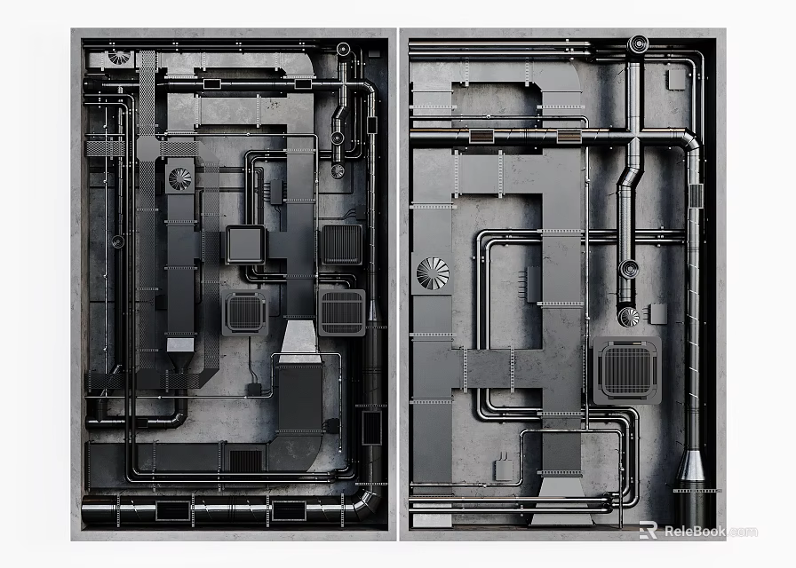 Detailed Ceiling Internal Structure With Metal Pipes Wiring And Framework 3d model 